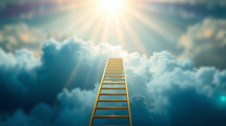 A golden staircase climbs through a swirling cloudscape, reaching towards a luminous heaven with radiant sunlight breaking th