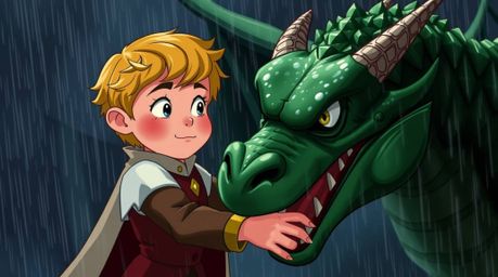 A charming prince with rosy cheeks and blonde hair battles a fierce dragon with emerald scales in a wet, rainy scene reminisc
