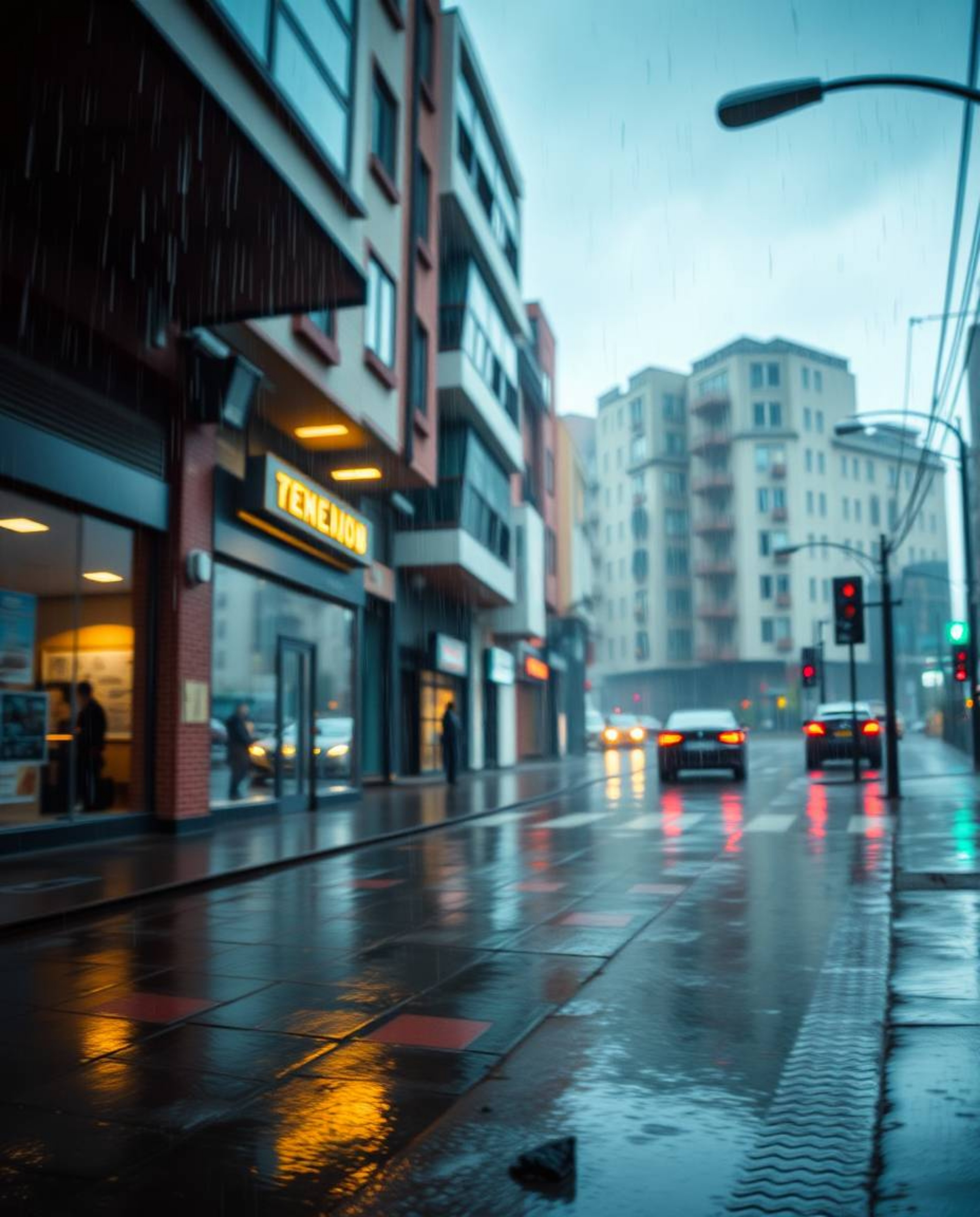 Experience a captivating and dreamlike urban landscape with this artwork, showcasing a wet and rainy street scene where build