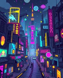 Explore an adorable and charming cyberpunk cityscape brought to life with lively and energetic colorful neon splashes. This a