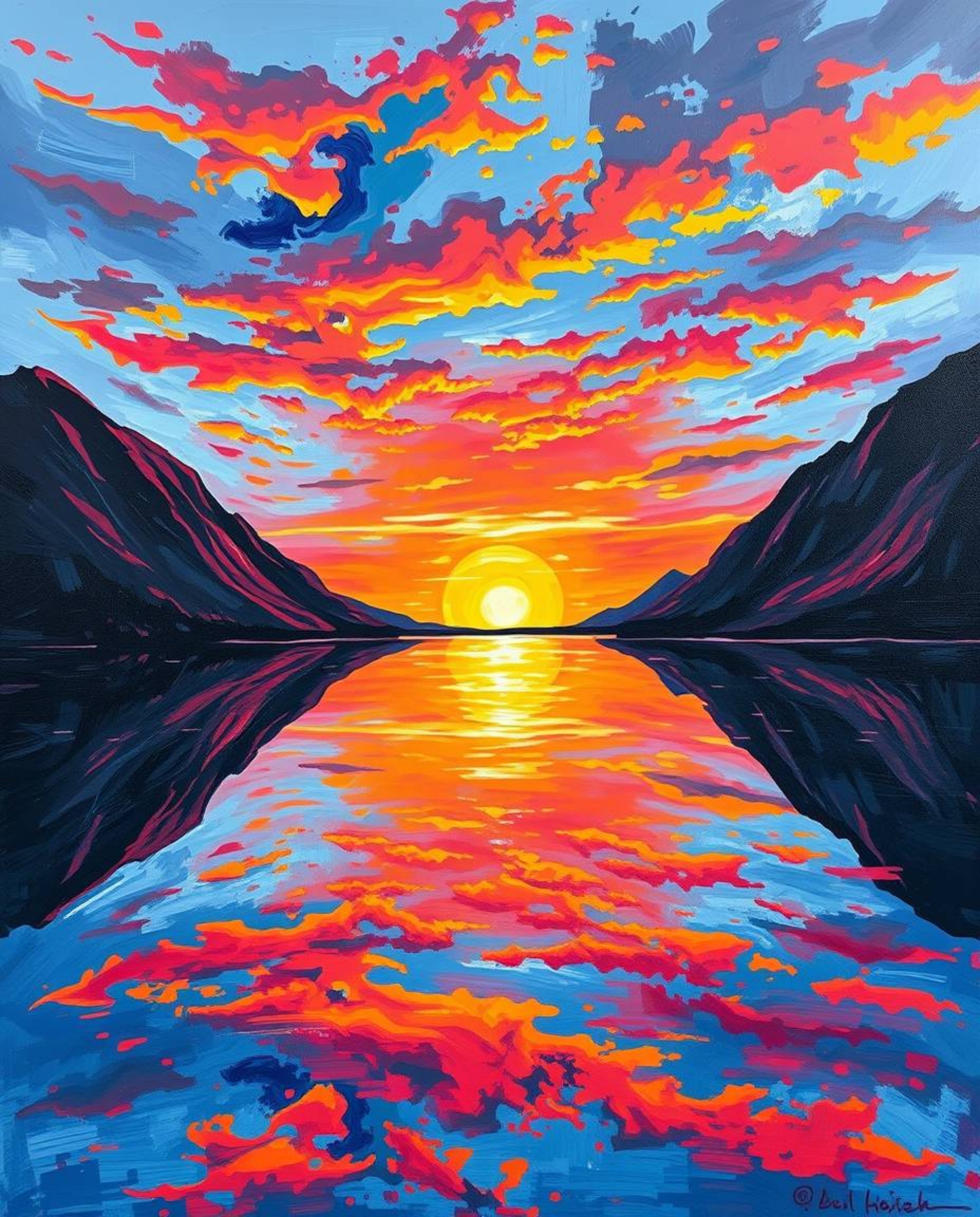 A bold acrylic painting of a sunset reflected in a glassy fjord, where vibrant colors dominate the canvas. The artwork featur