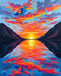 A bold acrylic painting of a sunset reflected in a glassy fjord, where vibrant colors dominate the canvas. The artwork featur