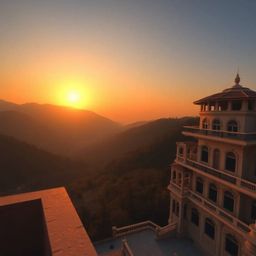 A breathtaking high-angle photograph captures the vibrant sunset casting its golden hues over a tranquil mountain valley.  Th