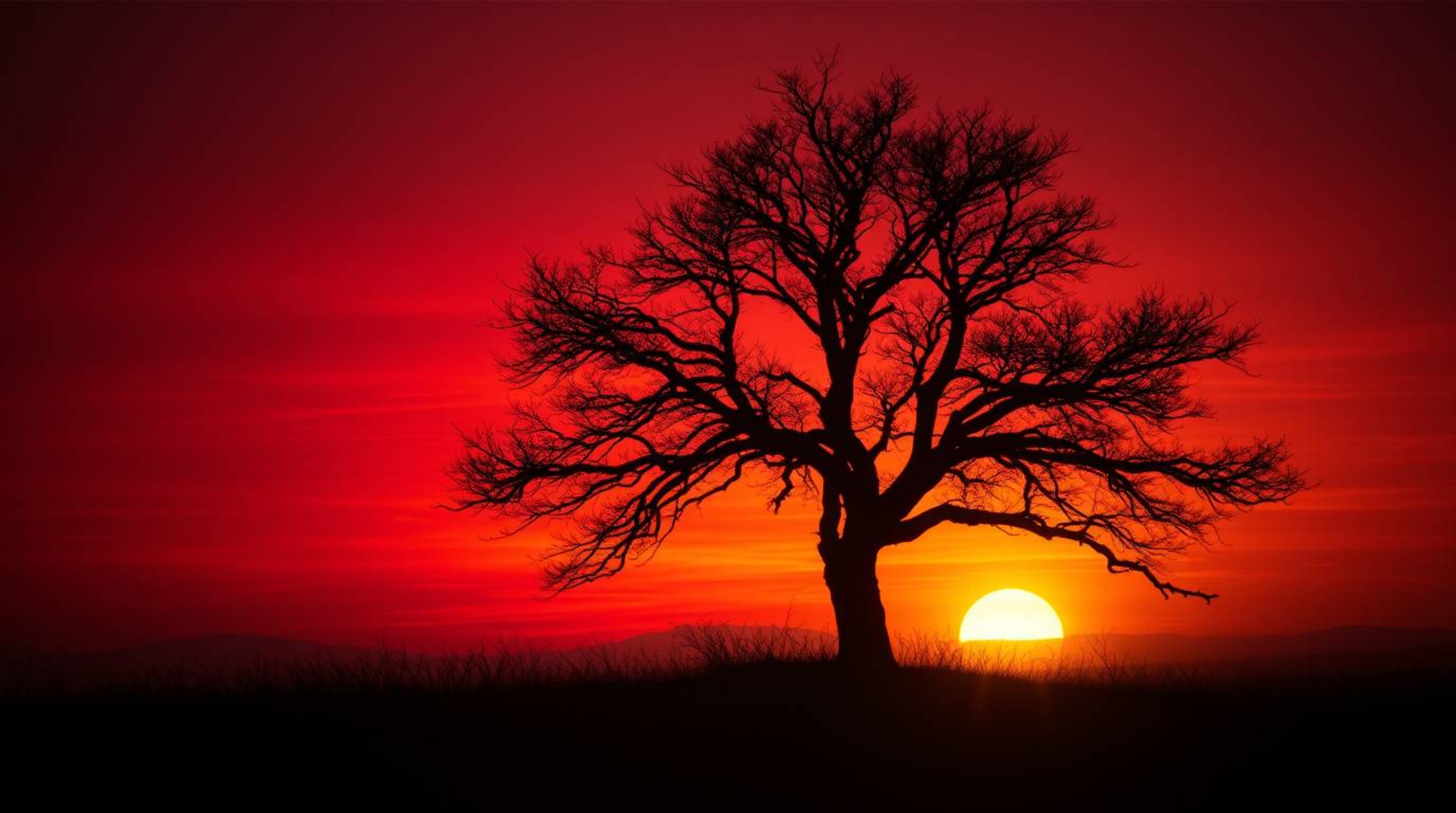 A captivating image of a lone tree silhouetted against a vibrant, fiery sunset.  The scene is imbued with an eerie, creepy at