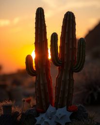 A desert cactus, glowing in the last rays of the sun, is uniquely crafted from layered papier-mâché to create an ethereal and