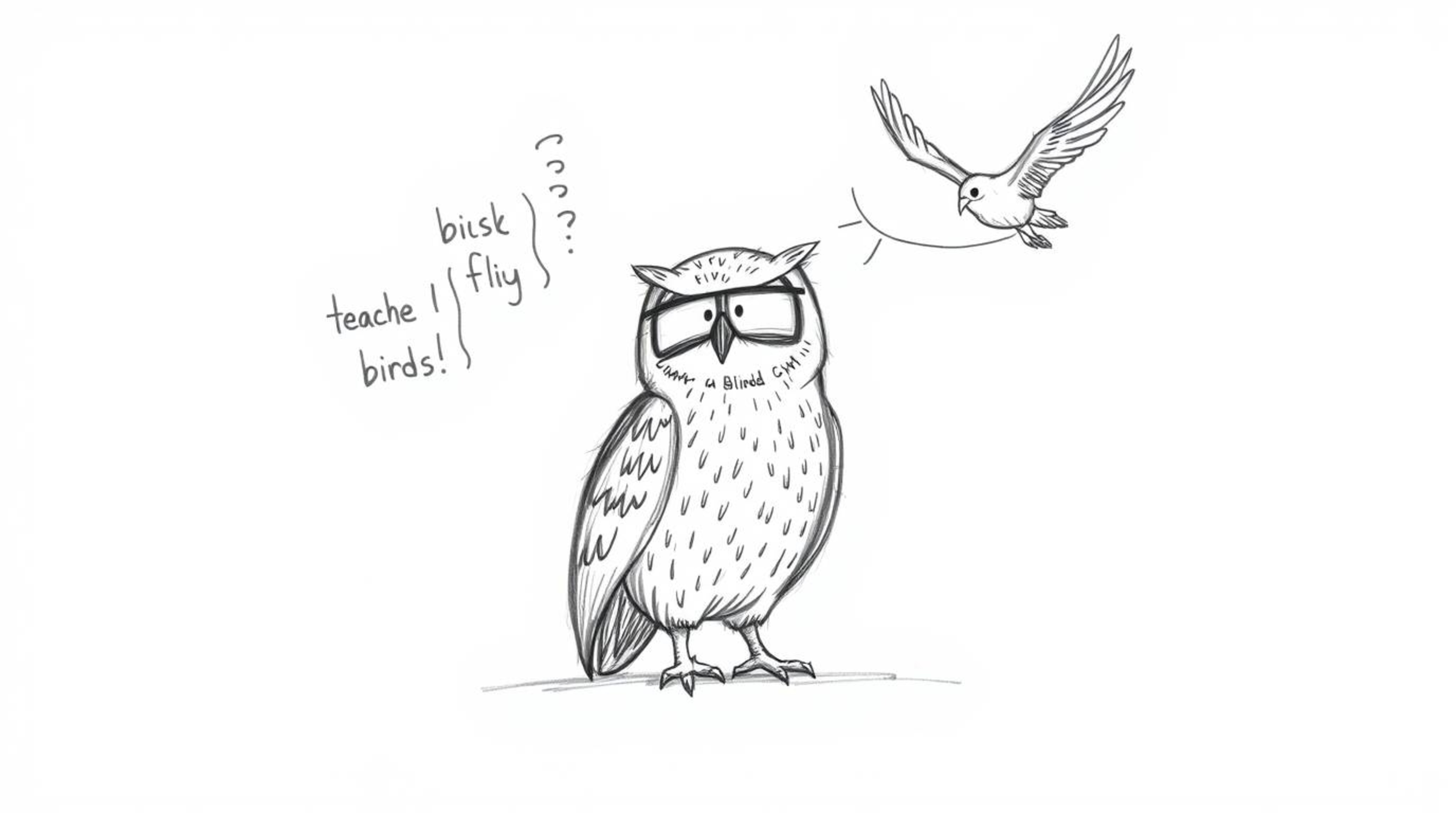 A hand-drawn sketch in the style of Pixar depicts a blind owl with textured pencil strokes imparting wisdom and teaching bird