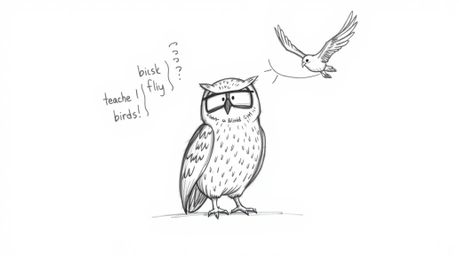A hand-drawn sketch in the style of Pixar depicts a blind owl with textured pencil strokes imparting wisdom and teaching bird