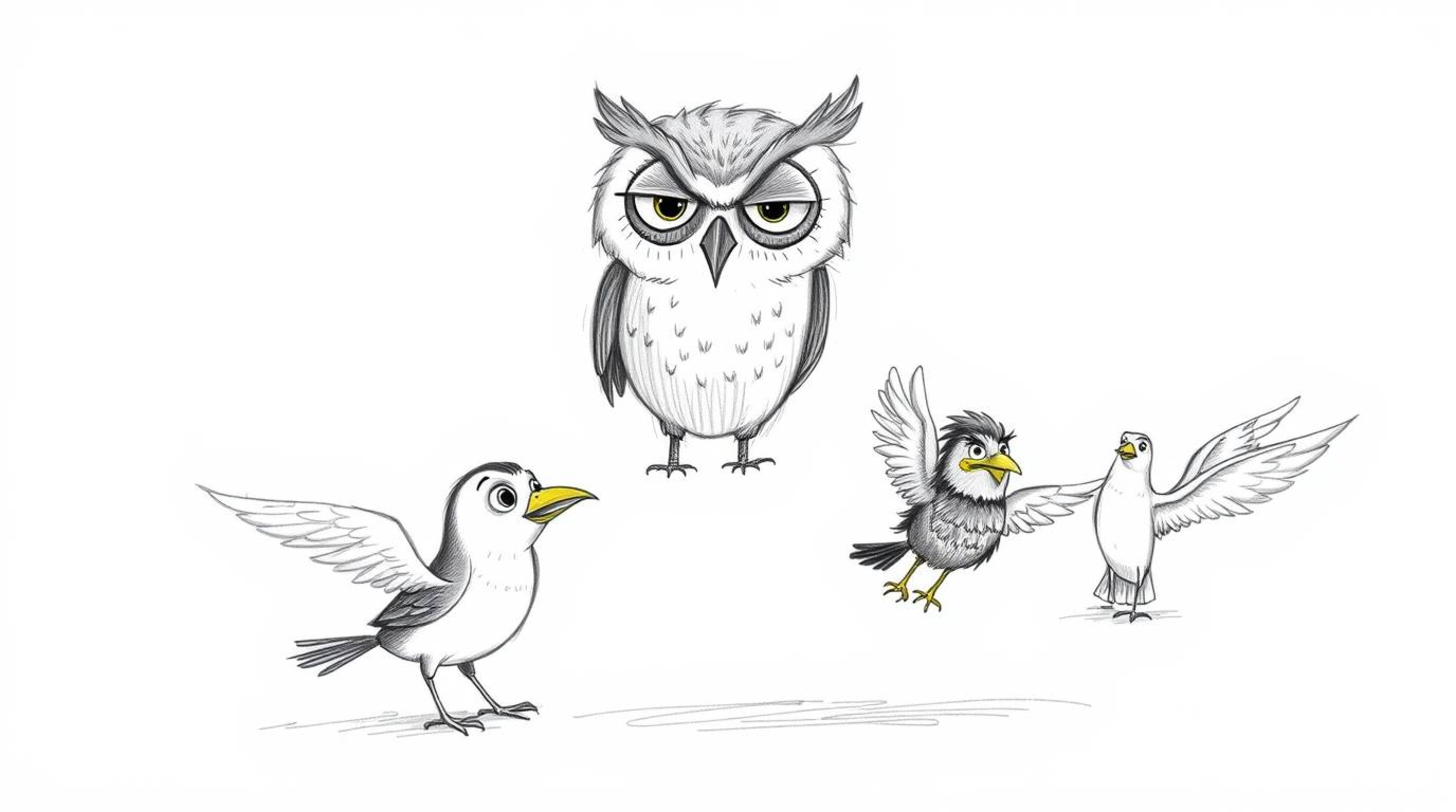 A hand-drawn sketch in the style of Pixar depicts a blind owl with expressive eyes, gently guiding a diverse flock of birds i