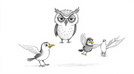 A hand-drawn sketch in the style of Pixar depicts a blind owl with expressive eyes, gently guiding a diverse flock of birds i
