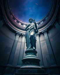 A captivating low-angle shot showcases a classical sculpture infused with a vibrant glitch effect. This digital artwork creat