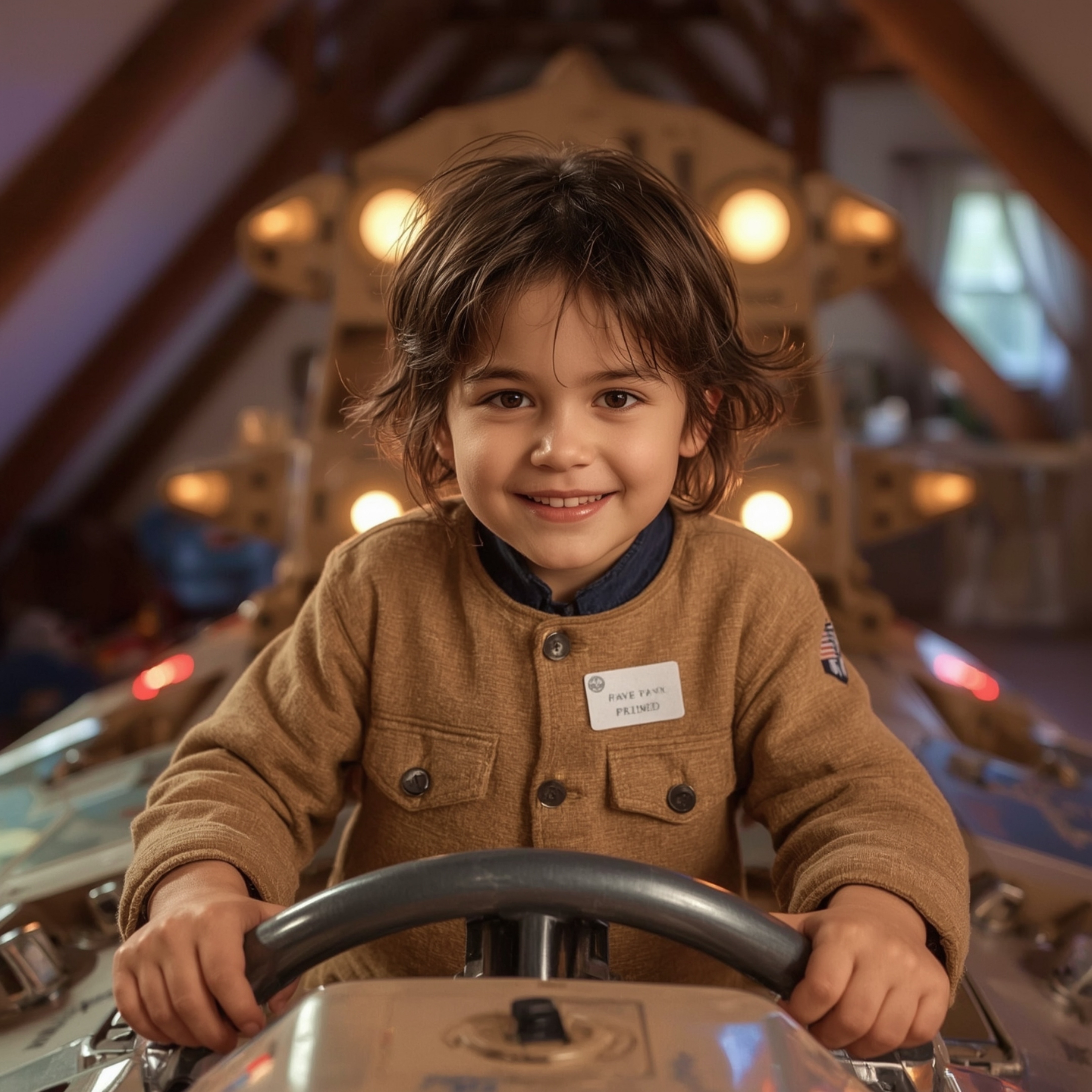 Exquisite high-fashion photography captures a young boy's imaginative adventure.  He proudly poses as a captain in a makeshif