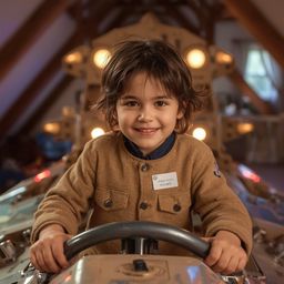 Exquisite high-fashion photography captures a young boy's imaginative adventure.  He proudly poses as a captain in a makeshif
