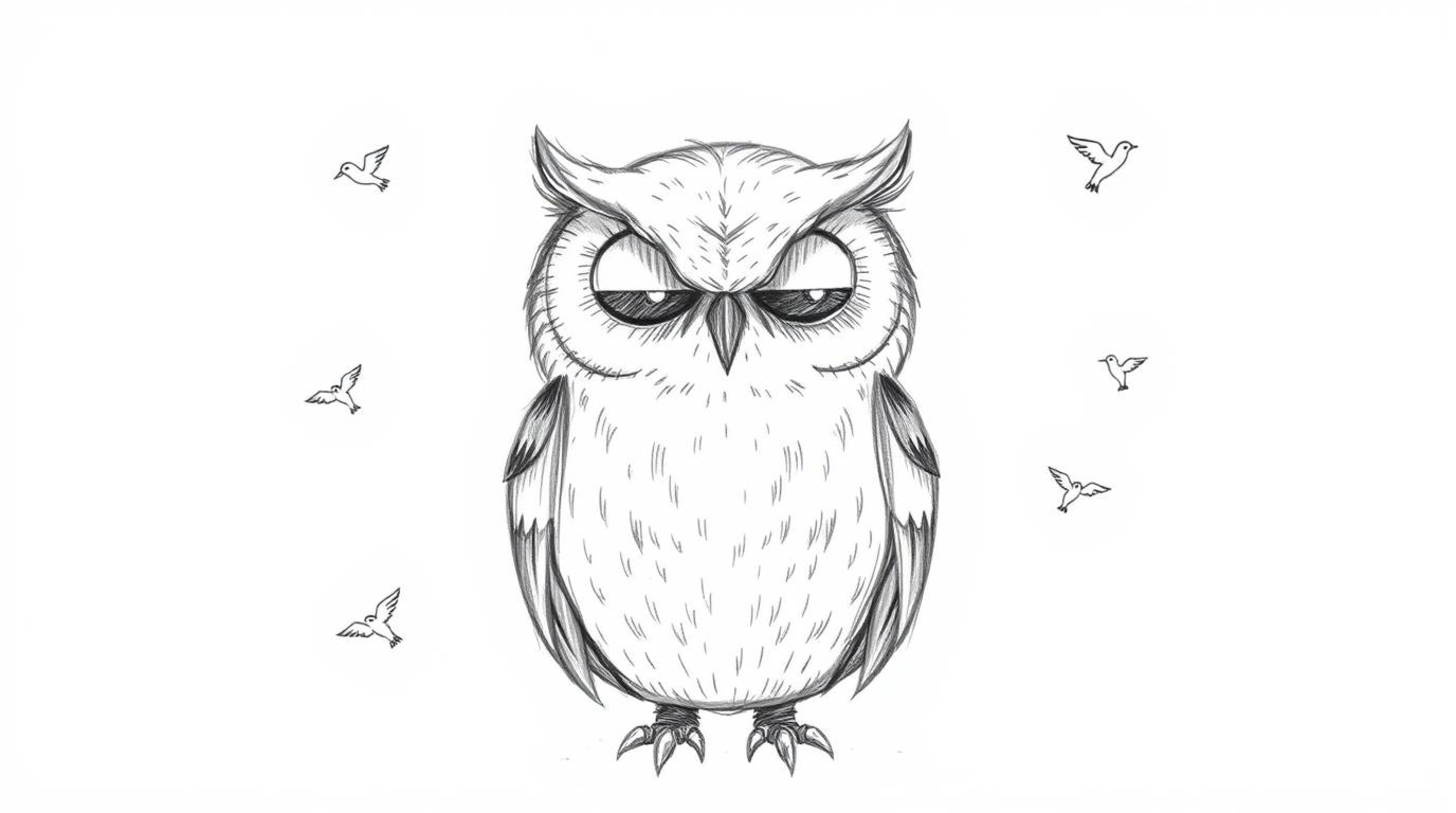 A charming hand-drawn sketch in Pixar style depicts a serene blind owl with softly shaded feathers, surrounded by small, circ