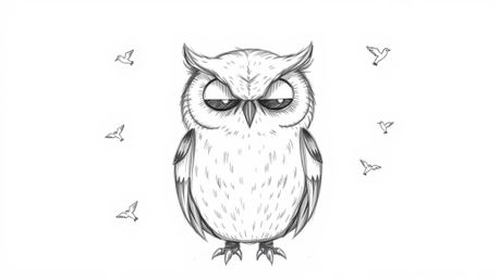 A charming hand-drawn sketch in Pixar style depicts a serene blind owl with softly shaded feathers, surrounded by small, circ