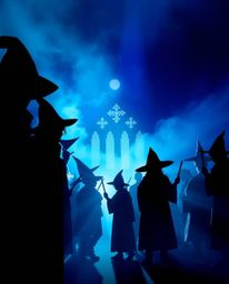 A captivating scene depicting silhouetted figures of young wizards in a magical school, dramatically backlit with cool blues,