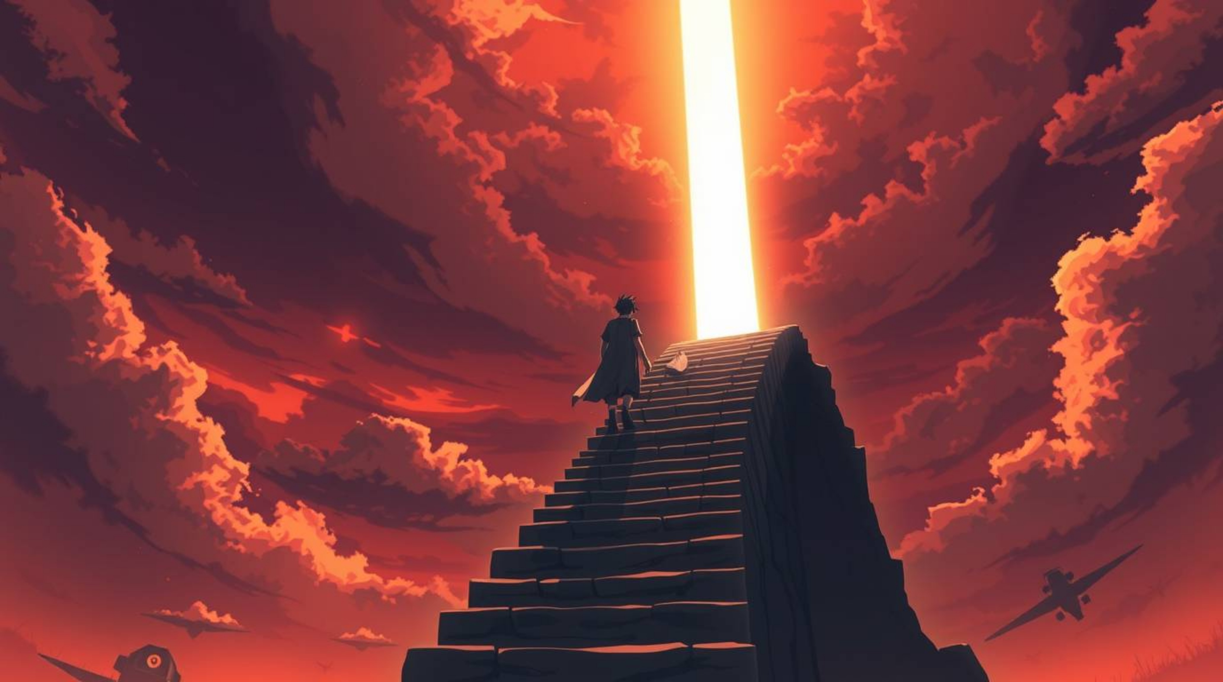 An Isekai anime-style illustration depicts a solitary figure ascending a stone staircase bathed in the ethereal glow of a div