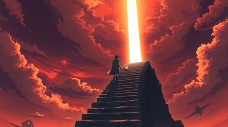 An Isekai anime-style illustration depicts a solitary figure ascending a stone staircase bathed in the ethereal glow of a div