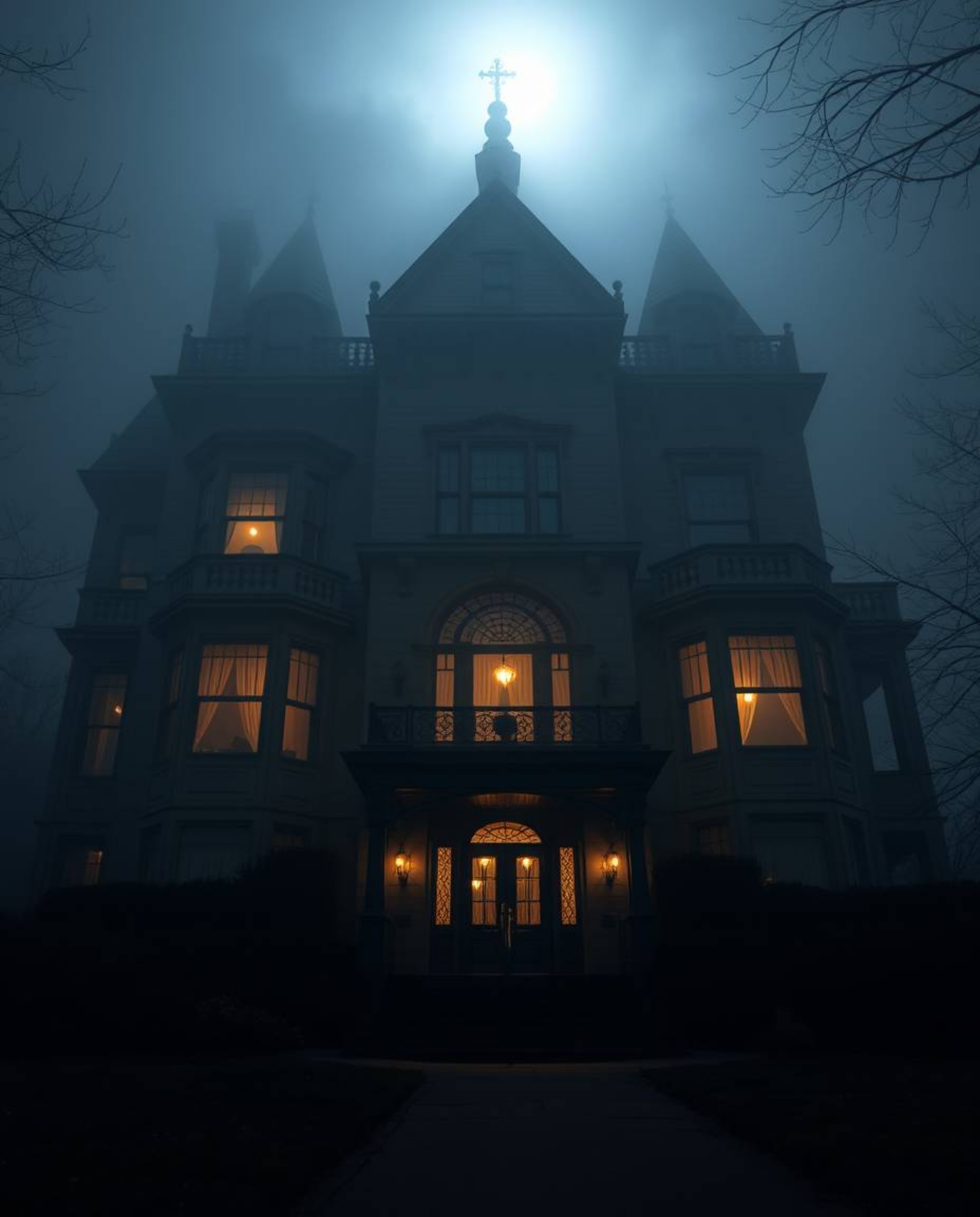 This is a high-resolution stock photo showcasing a fog-shrouded Victorian mansion bathed in the soft glow of moonlight. The l