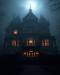 This is a high-resolution stock photo showcasing a fog-shrouded Victorian mansion bathed in the soft glow of moonlight. The l