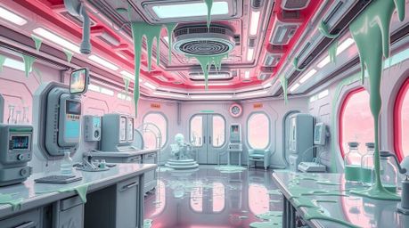 Explore a futuristic sci-fi science lab rendered in soft pastel colors.  This unique setting features advanced technology, sp