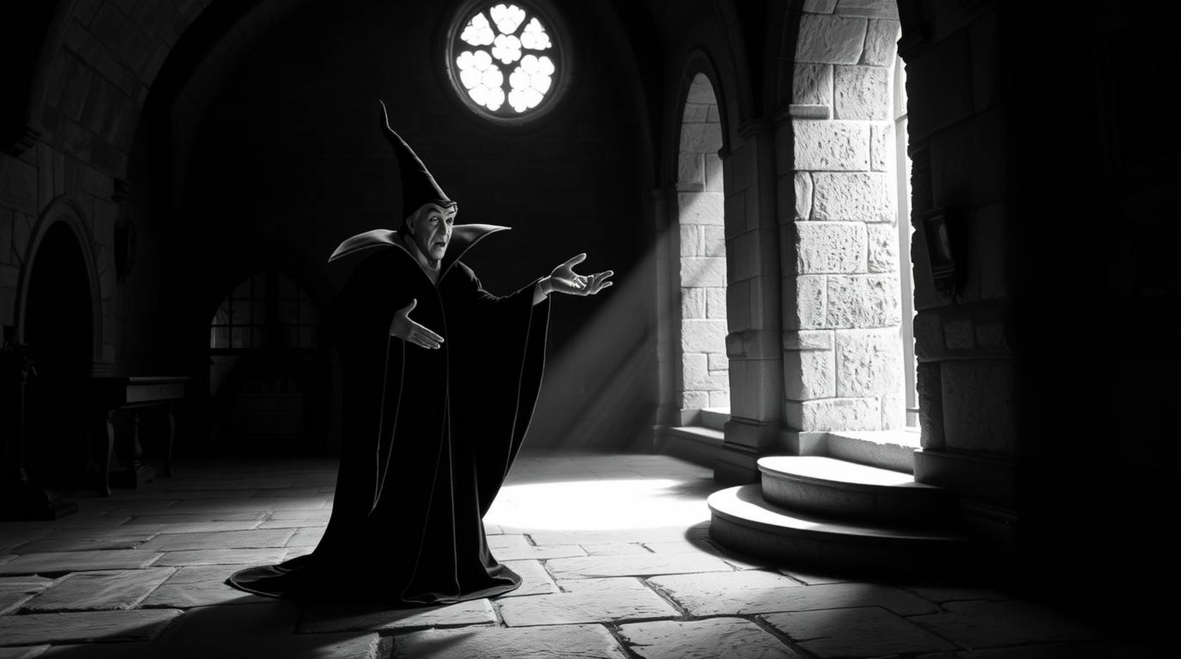 A timeless and elegant black and white photograph depicting a classic Disney villain casting a spell within an old castle.  T