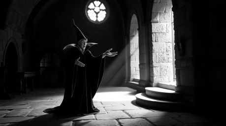 A timeless and elegant black and white photograph depicting a classic Disney villain casting a spell within an old castle.  T