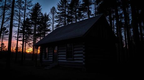 Capture the essence of a serene sunset in the woods with this architectural photograph of an old wooden cabin. The image show