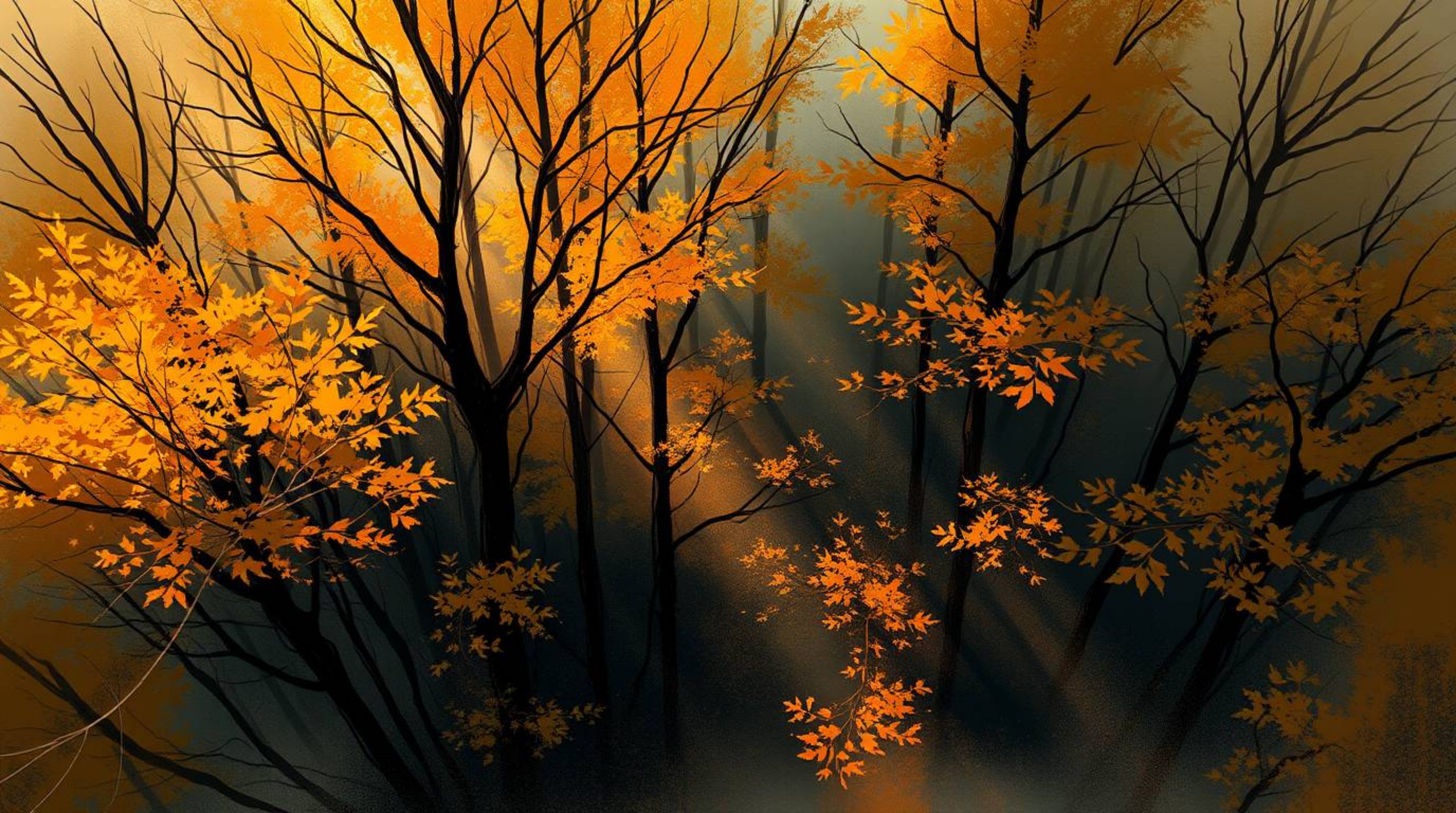A captivating digital sketch depicting a high-angle view of an autumn forest bathed in the golden light of a sunset. Painter