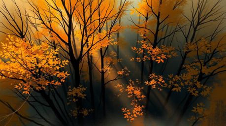 A captivating digital sketch depicting a high-angle view of an autumn forest bathed in the golden light of a sunset.  Painter