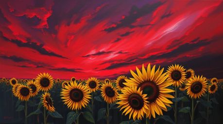 Experience the dramatic beauty of a classic oil painting depicting a sunflower field bathed in the intense hues of a deep red