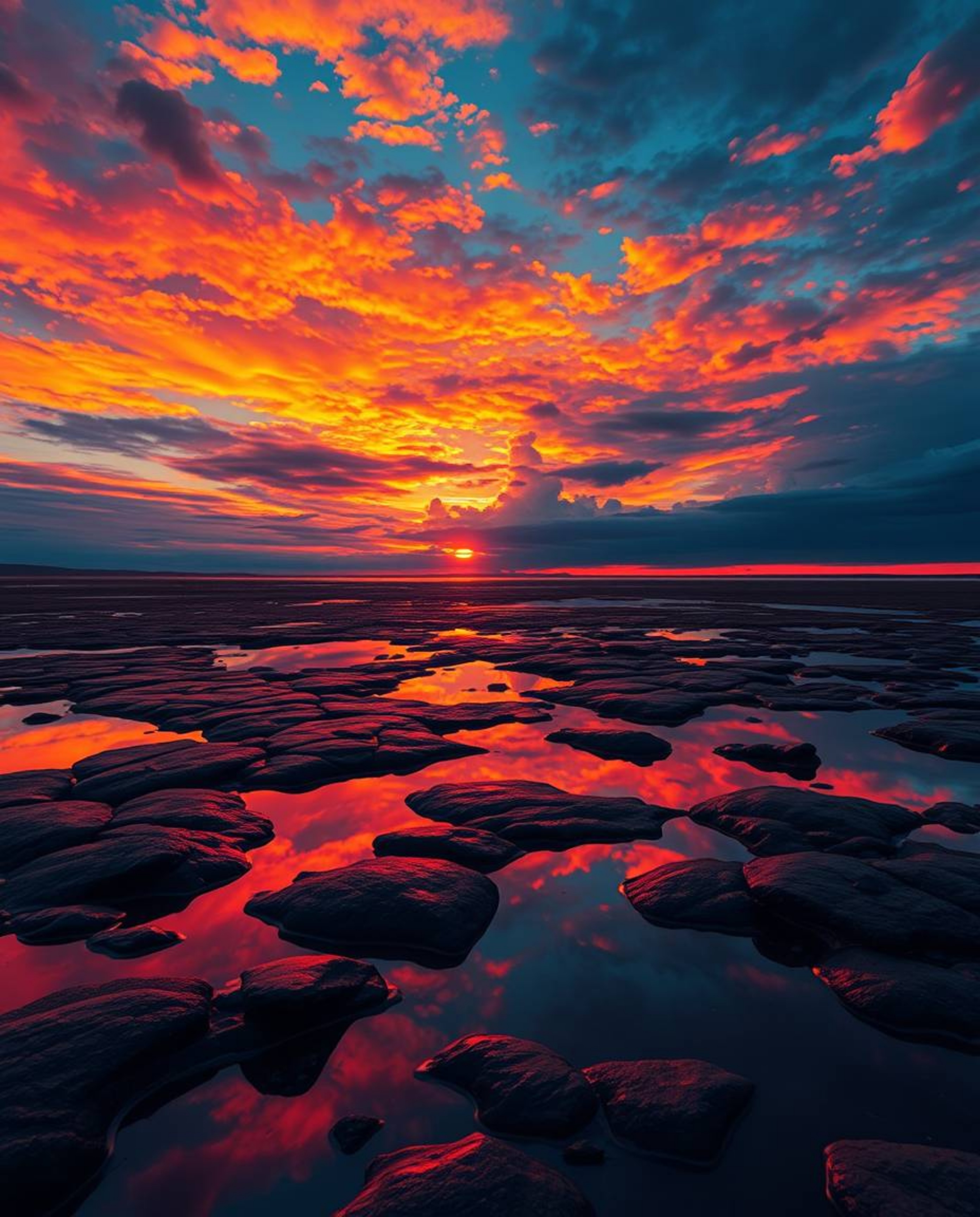 A high-contrast digital painting captures a stunning sunset sky as it's mirrored in the tidal pools of a beach. This artwork 