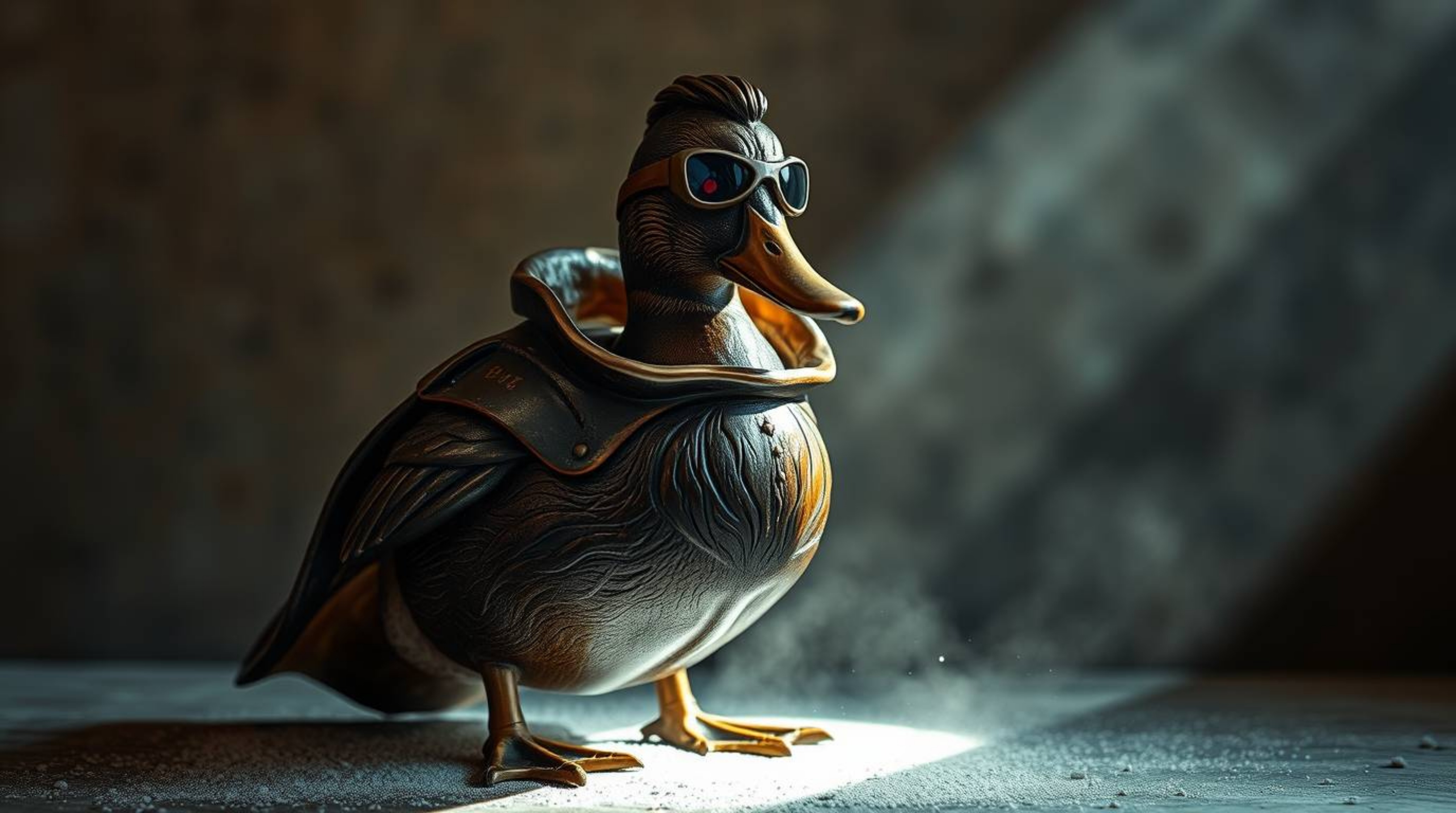 A cast bronze sculpture depicting a duck in a zany superhero costume, illuminated by dramatic volumetric lighting. The sculpt