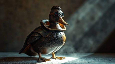 A cast bronze sculpture depicting a duck in a zany superhero costume, illuminated by dramatic volumetric lighting. The sculpt