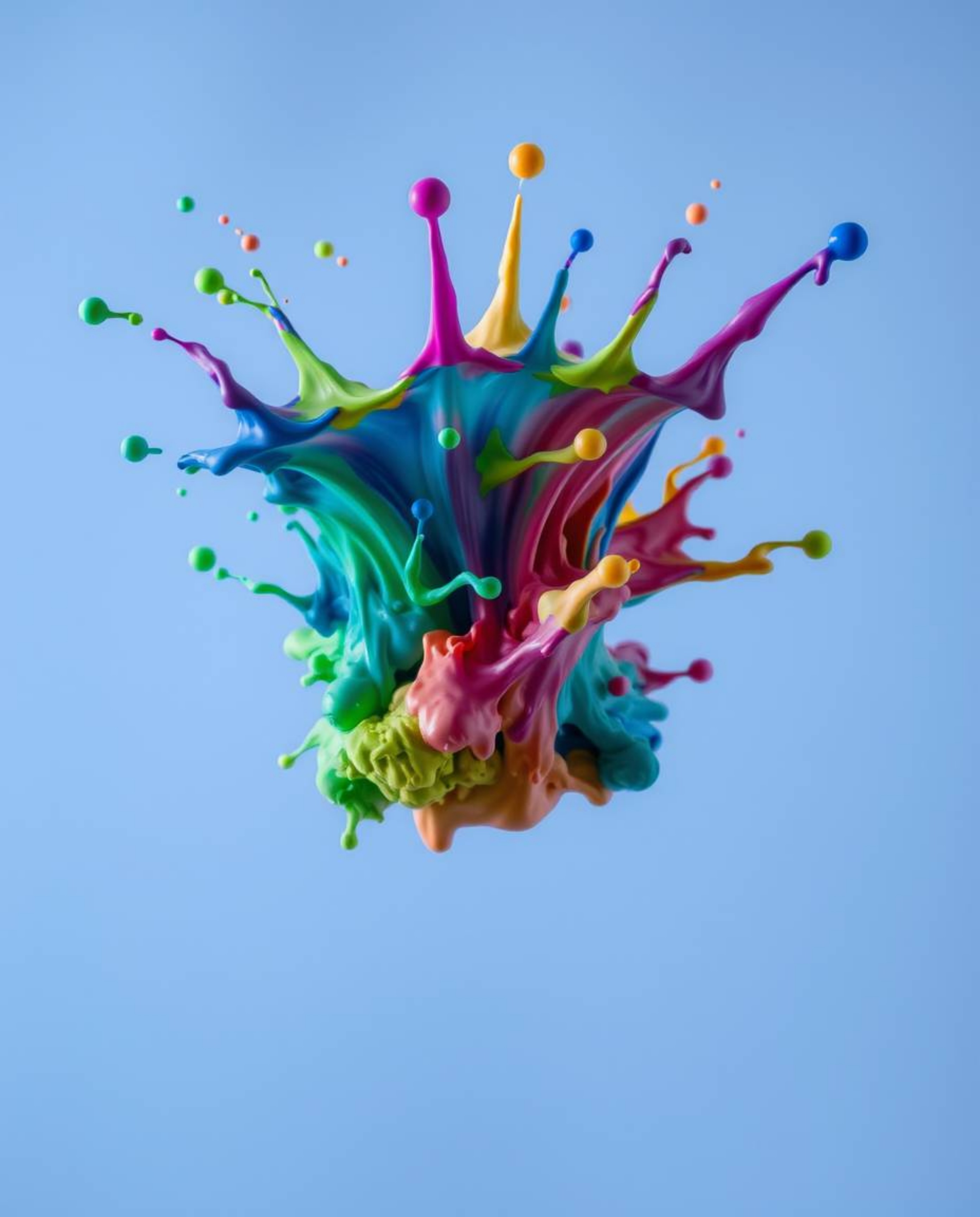 A stunning long-exposure photograph capturing a vibrant paint splash suspended in mid-air. Cool colors dominate the scene, cr