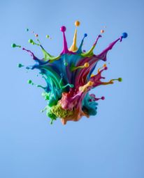 A stunning long-exposure photograph capturing a vibrant paint splash suspended in mid-air. Cool colors dominate the scene, cr