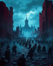 Explore a sophisticated battlefield where time-warped soldiers clash amidst crumbling buildings bathed in rich burgundy and d