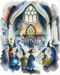 Explore a magical school filled with young wizards brought to life through delicate watercolor painting, featuring high-contr