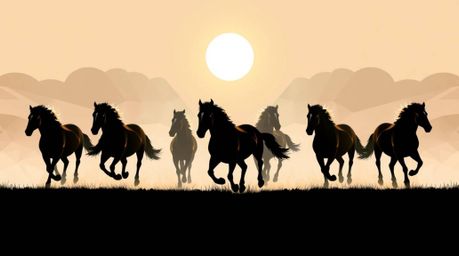 This geometric logo design features a stylized herd of wild horses running dynamically under a glowing sky.  The composition 
