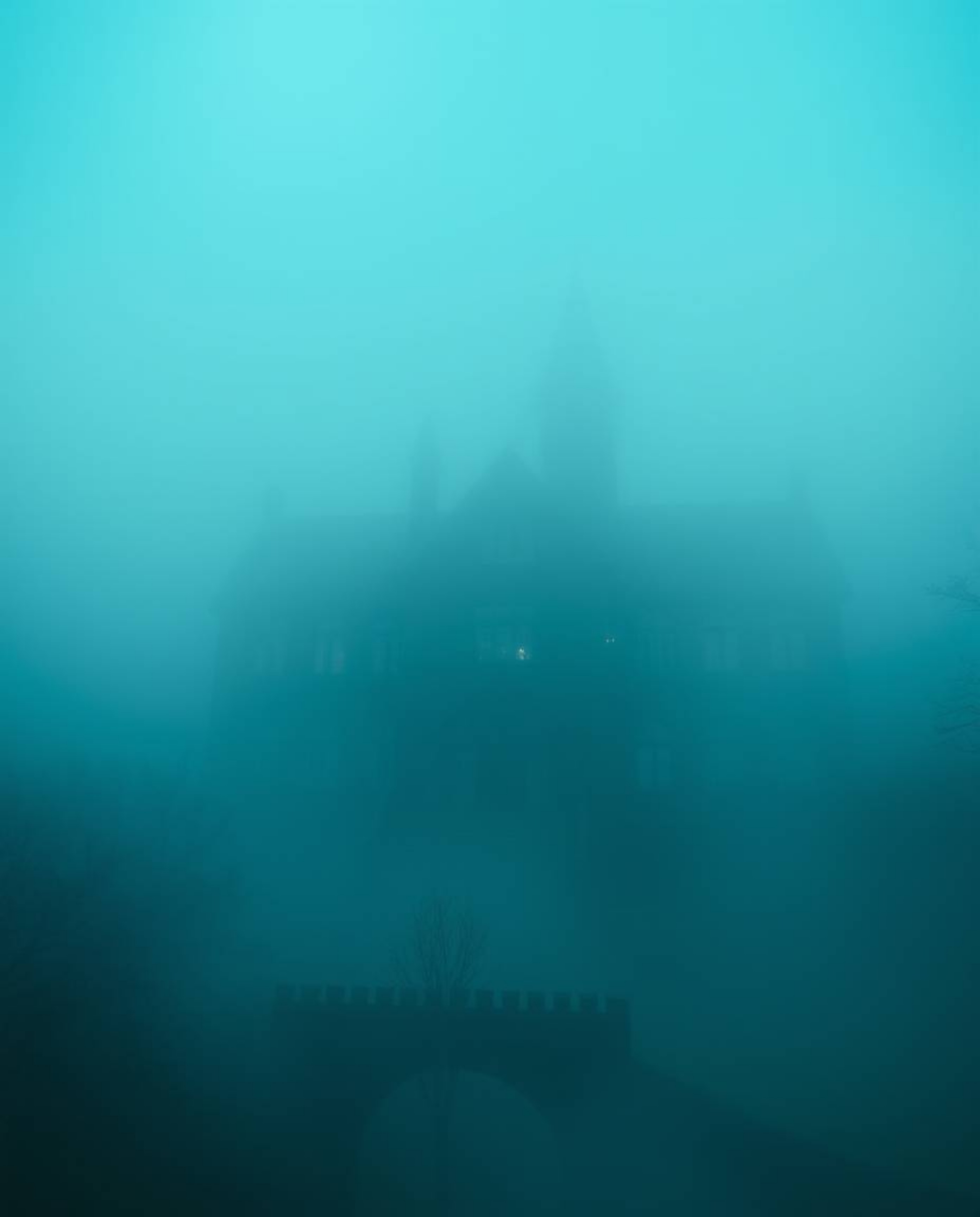 Immerse yourself in a magical school shrouded in thick fog, rendered in rich deep teal and vibrant colors. This atmospheric s