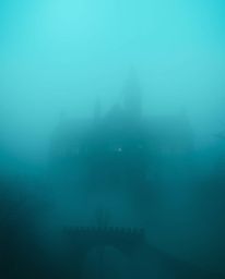 Immerse yourself in a magical school shrouded in thick fog, rendered in rich deep teal and vibrant colors. This atmospheric s