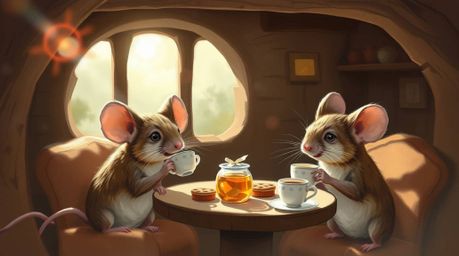 A captivating digital painting depicts anthropomorphic mice enjoying a tea party in a charming, cozy cottage.  The artwork fe