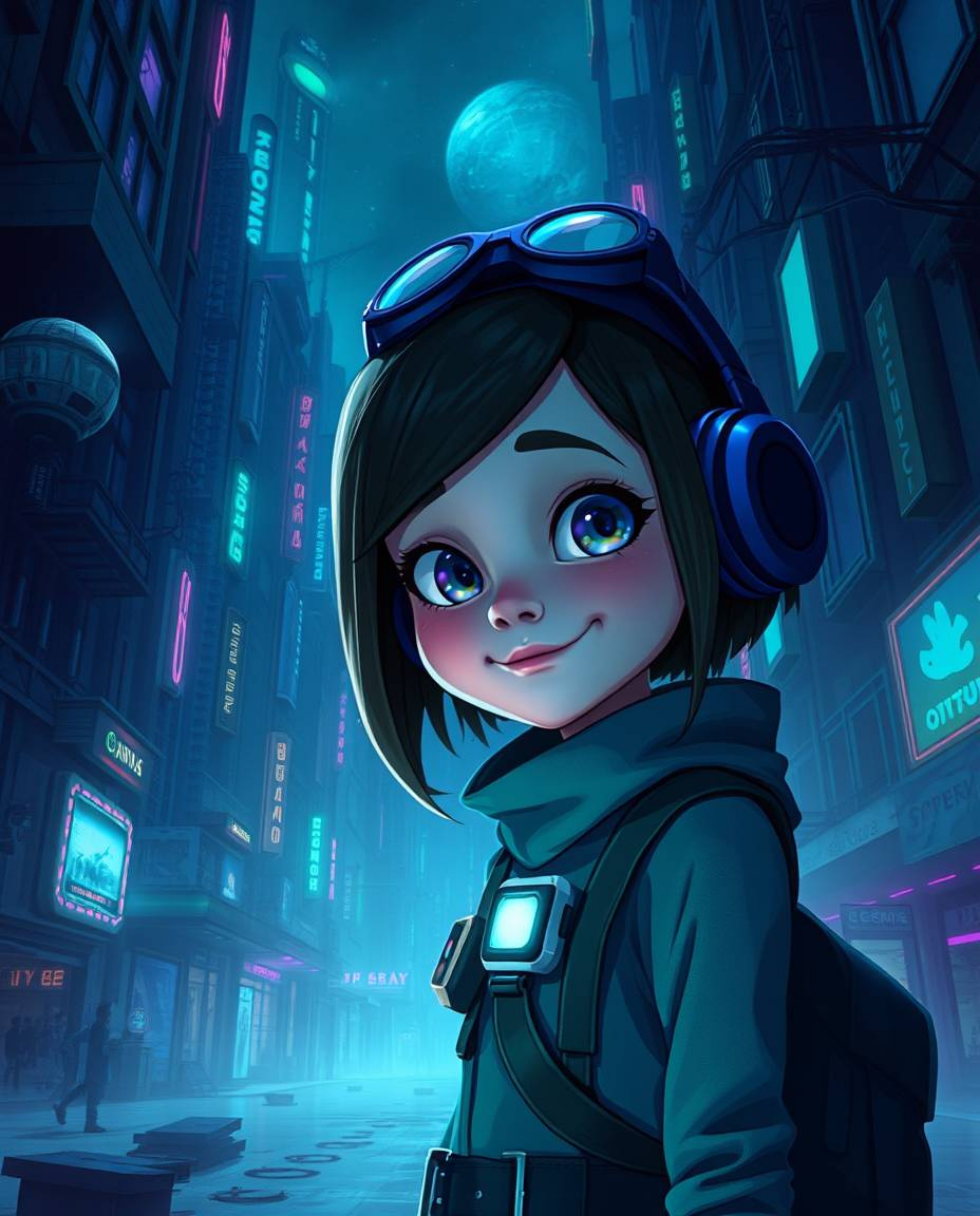 A young inventor girl navigates a futuristic city rendered in a Pixar-inspired style, but with an unsettling twist. The atmos