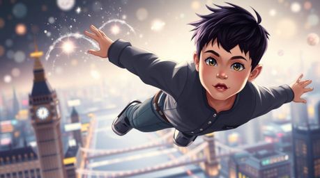 A captivating futuristic sci-fi illustration depicts a sharply focused young boy with short black hair, flying above a styliz