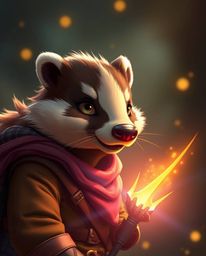 Discover a heartwarming fantasy adventure featuring a charming talking badger sidekick with kind eyes and brown fur, assistin
