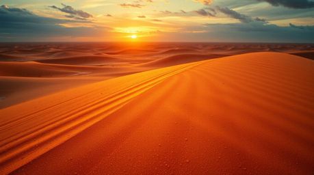 Experience a unique perspective of a desert sunset with golden dunes, transformed by a rare rainy scene. This image captures 