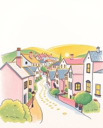 Discover a charming hand-drawn sketchnote of a sleepy town, featuring pastel-colored houses bathed in a warm golden glow. Thi
