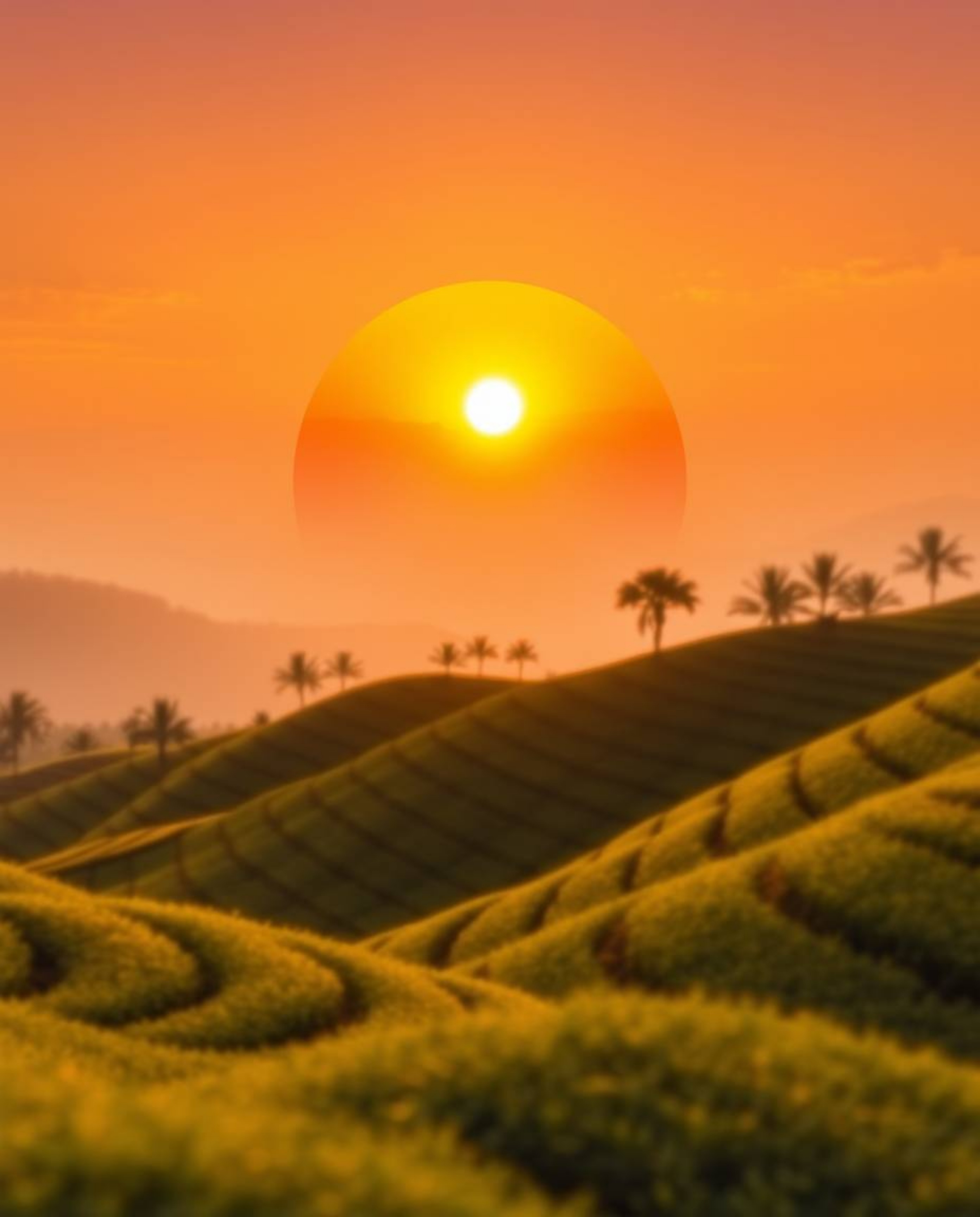 This is an inspired logo design depicting a dynamic sunset in motion over terraced tea plantations, bathed in a warm golden g