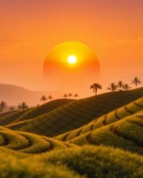 This is an inspired logo design depicting a dynamic sunset in motion over terraced tea plantations, bathed in a warm golden g