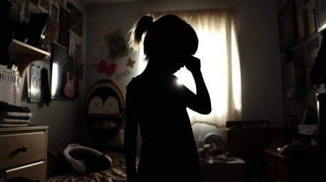 A charming and adorable silhouette is captured in a messy bedroom, back lit to highlight its cute features. The scene is fill