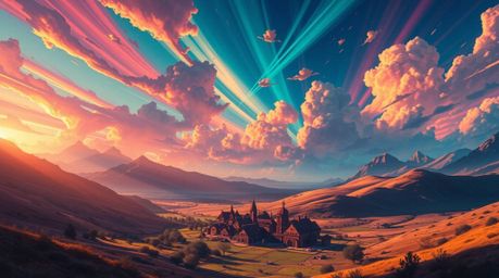 Discover a breathtaking, futuristic depiction of a cozy village nestled in a vibrant valley.  This grand scene features bold 